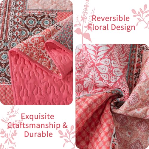VAPUTAR Cotton Quilts Queen Size, Pink Farmhouse Bedspreads Queen Size (90 * 98 in) - 3 Pieces Lightweight Patchwork Floral Queen Quilt Bedding Set, Queen Coverlet Set Suitable for All Season