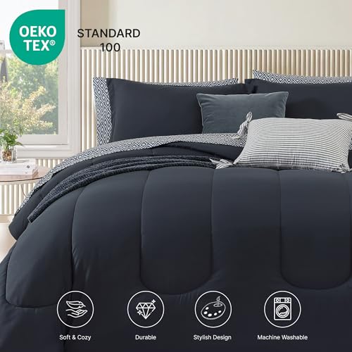 Image of Monbix King Size Comforter Set - 7 Pieces Bed in a Bag King, Blue Grey Track Stitching Bedding Sets with Comforter, All Seasons Comforter Bed Set with Sheets, Pillowcases & Shams