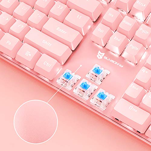 Image of Merdia Full Size Wired Mechanical Gaming Pink Keyboard | Blue Switch 104 Keys US Layout Full Size Pink PC Gaming Keyboards | Hot Swappable LED Backlit Light Up Wired Mechanical Computer Keyboards