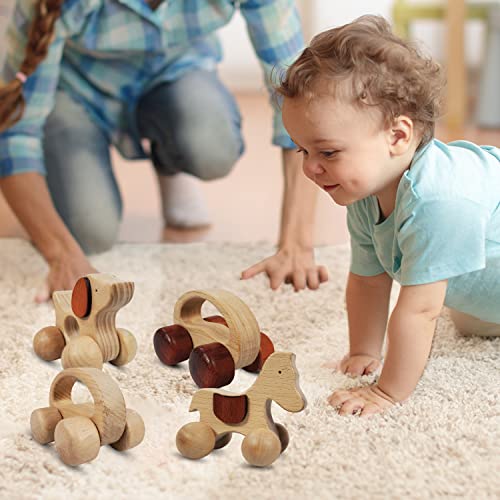 Tekor Wooden Push Toy With Wheels For Baby, Toddler Grasping & Wood Teething - Montessori Wood Animal Car Set. Motor Development Sensory Skills, Handcrafted, Smooth, No Rough Edges (Pack Of 4) #TOP1