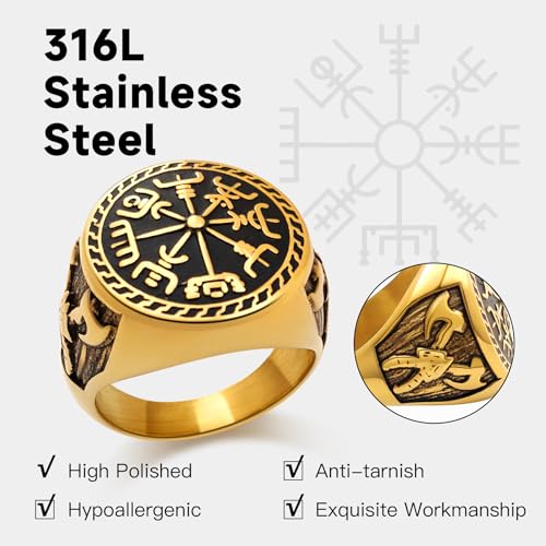 Nordic Battle Axe Ring Viking Vegvisir Pirate Compass Rings Stainless Steel/18K Gold Plated/Black Norse Symbol Vintage Jewelry for Men Women Send Gift Box4