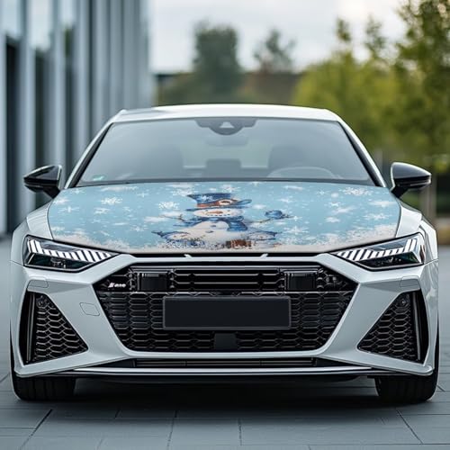 Image of Christmas Snowman Print Car Hood Cover Stretch Polyester Car Hood Cover Waterproof Automotive Accessories Suitable Most Automotive Sedans Trucks Pickup Sports Cars