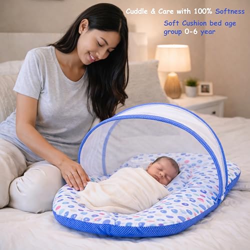 Image of Fareto Combo of Baby Bed with Net | Carry Bag | 4 Pcs Bedding Set (0-6 Months, Baby Size, Cotton) (Blue Apple)