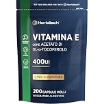 Vitamina E Capsule | 400 UI | D Alfa Tocoferolo da Olio di Semi di Soia | 200 Softgels | Integratore Alimentare di Vitamina E Capsule ad Alto Dosaggio | Facili da Deglutire | di Horbaach