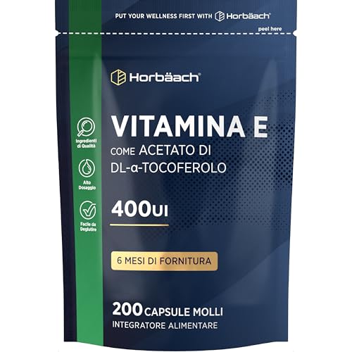 Vitamina E Capsule | 400 UI | D Alfa Tocoferolo da Olio di Semi di Soia | 200 Softgels | Integratore Alimentare di Vitamina E Capsule ad Alto Dosaggio | Facili da Deglutire | di Horbaach