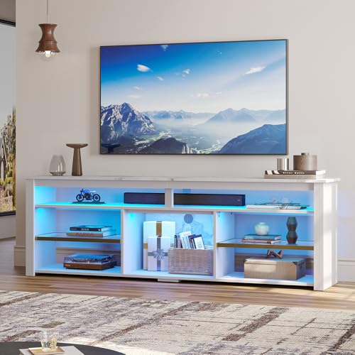 Bestier TV Stand for 70/75/80 inch TV, Tall LED Entertainment Center with Adjustable Shelf, Gaming TV Console with Storage for PS5, Modern TV Cabinet for Living Room Bedroom, White Marble