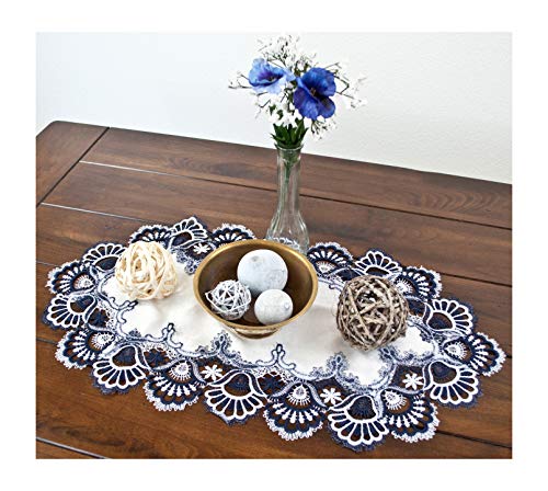 LINENS Art and Things Lace Table Runner Blue Navy and White European Large Placemat Dresser Scarf Doily (14Wx27L)