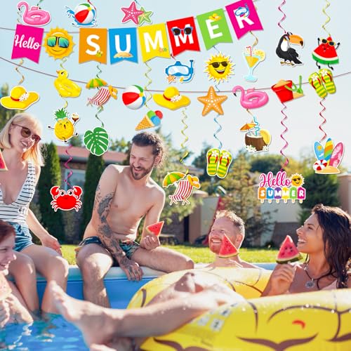 Image of Summer Party Decorations, Beach Party Decor Includes Hello Summer Banner Beach Hanging Swirls and Garland, Summer Decorations for Office Classroom, Pool Decorations