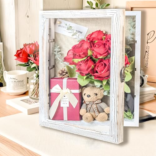 Image of White 11x16 Large Shadow Box Frame Deep Shadow Box with Shelves Memorial Shadow Box Display Case with Linen Back for Handicrafts,Picture Frames,Medals,Coins,Pins Collection and More