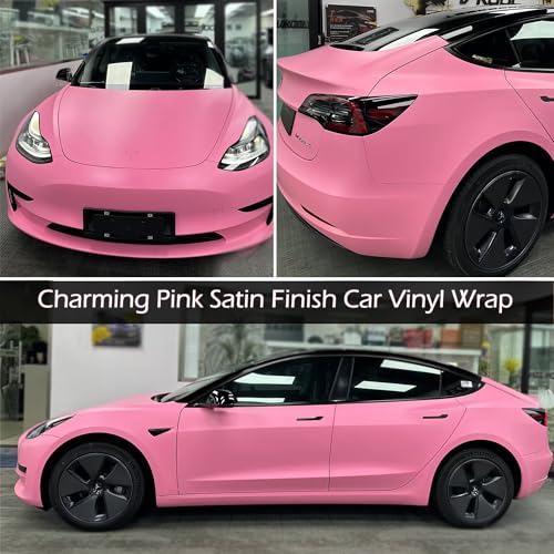 Image of Matte Pink Car Vinyl Wrap Film Charming Pink Satin Finish Self Adhesive DIY Car Body Film for Vehicle Interior Exterior Decoration, 59.84 inch x 23.62 inch