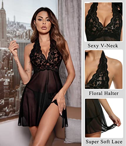 Avidlove Women Halter Lace Babydoll Mesh Sexy Lingerie Set Nightwear, Medium, Black Fba #TOP17