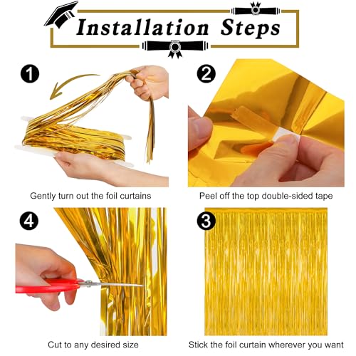Image of 12 Pack 2026 Graduation Decorations, 3.28 FT x 7.05 FT Gold Backdrop Curtains, Metallic Class of 2026 Backdrop Fringe Curtains Foil Streamer, Gold Grad Decorations 2026 Party Supplies