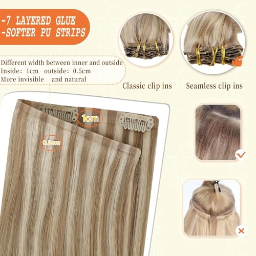 Image of Full Shine Clip in Hair Extensions Human Hair Dark Blonde Mix Light Blonde Seamless Hair Extension Clip ins PU Weft for Women 20 Inch 8 Pcs 120g