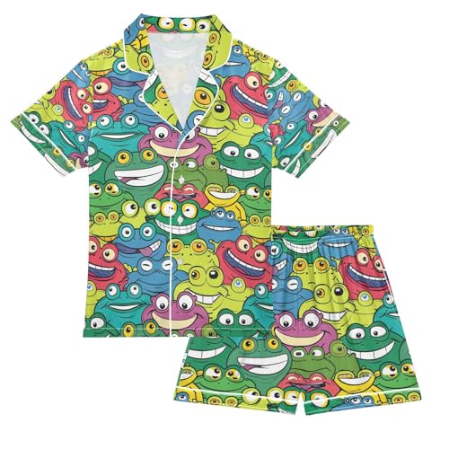 senya Rainbow Frog Satin Summer Pajama Sets Silk Short Sleeve Button Down Sleepwear