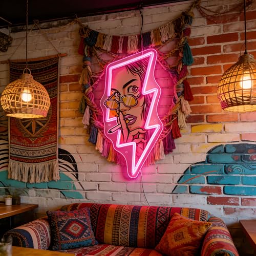 Image of Pop Art Girl Neon Sign - USB LED Lightning Bolt Shaped Night Light, Comics Style Lady with Glasses Wall Decor, Pink Hanging Lamp for Teen Girls Bedroom, Bar, Game Room, Coffee Shop, Birthday Gift (lighting)