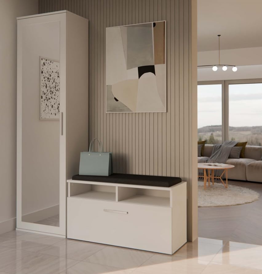 BDW Appendiabiti con specchio, moderno, multifunzionale, per corridoio, camera da letto, cameretta dei bambini, 180 x 50 x 35 (T), bianco