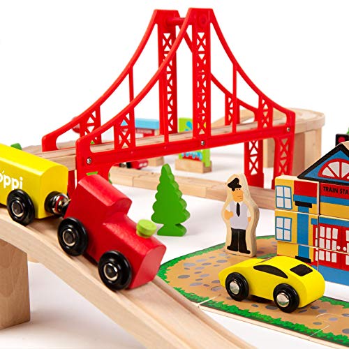 boppi grote houten speelgoedtreinset van 150 stuks met accessoires: poppetjes, boerderijdieren, stadsauto's, tractor, voertuigen, brug, bomen, verkeerselementen, 2 locomotieven met wagons, 44-delige spoorbaan voor kinderen van 3 jaar en ouder - Image 8