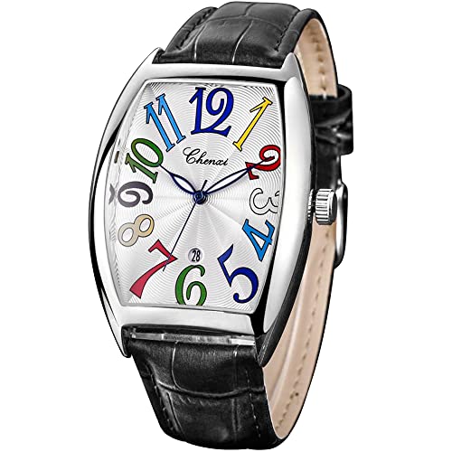 Tiong Square Black Leather Strap Watch for Men, Luminous Design Quartz Movement, White Digital Display Waterproof Quartz Watch