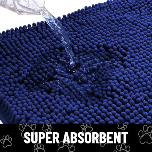 Image of Smiry Dog Door Mat for Muddy Paws, Absorbent Dirt Trapper Non Slip Quick Dry Washable Chenille Mat for Mud Dogs, Entry Rug for Indoor and Outdoor (30x20 Inches, Navy Blue and White)