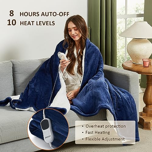 JKMAX Heated Electric Blanket Twin Size - 62"x84" Flannel Heating Blanket with 10 Heating Levels & 5 Time Settings Over-Heat Protection, Winter Warmer for Adults with ETL Certification(Navy Blue)