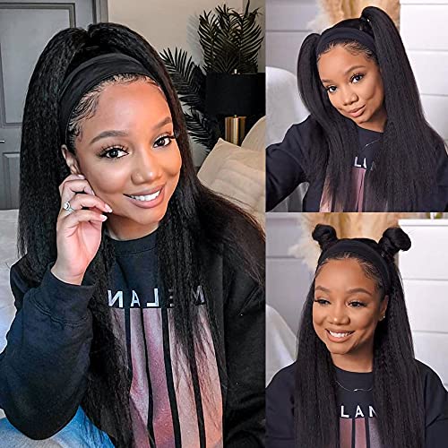 Kinky Straight Headband Wigs Human Hair Glueless Headband Wigs for Black Women None Lace Front Human Hair Wigs 150% Density 14inch