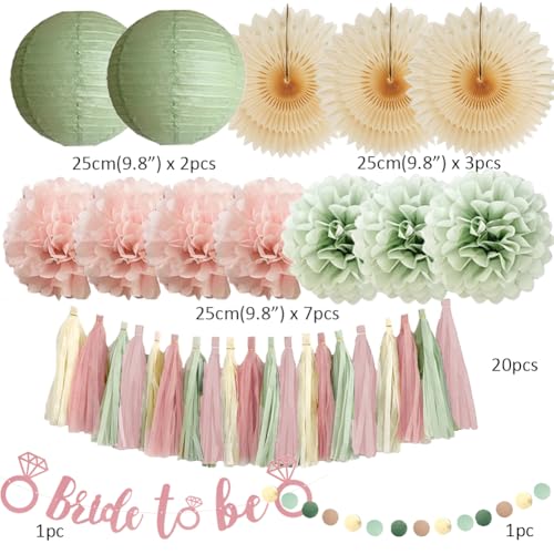 Image of Dusty Pink and Sage Green Bridal Shower Decorations Boho Pastel Bride to Be Sage Green and Blush Pink Bridal Shower Decorations Dusty Rose Bachelorette Party Beige Fans Poms with Cream Tassel Garland