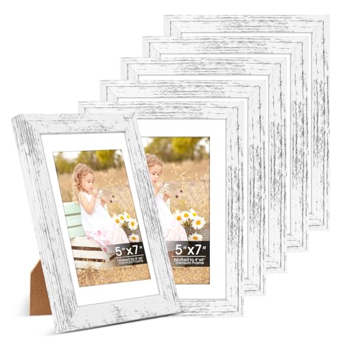 Image of 6 Pack 5x7 Frames, Mat for 4x6 Photos, Shatter HD Plexiglass | Removable mat fits two photo sizes, slim frame with stand for horizontal & vertical tabletop & wall mount