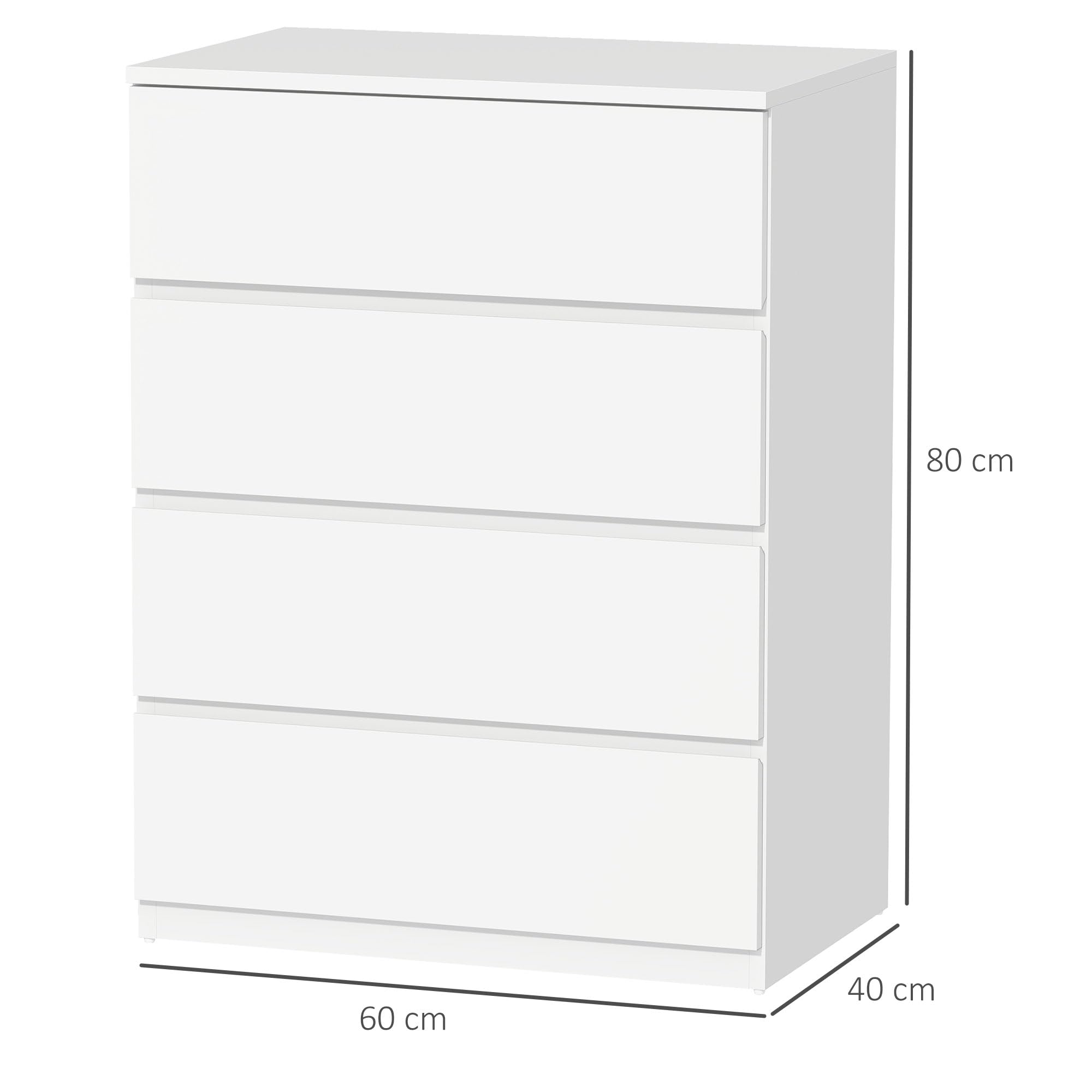 HOMCOM Cassettiera Camera da Letto 4 Cassetti, Comò Camera da Letto in Legno, per Soggiorno, Sala da Pranzo e Corridoio, 60x40x80 cm, Bianco