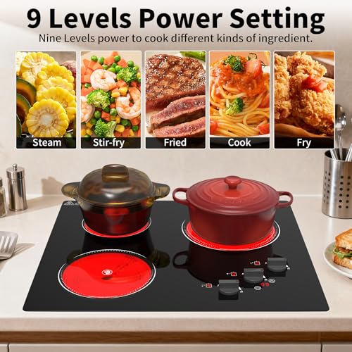 Image of GIHETKUT Electric Cooktop, 220V 5000W Stove Top, 9 Power Levels, Kids Lock & Timer, Hot Surface Indicator, Overheat Protection,knob and touch control 3 Burner Electric cooktop