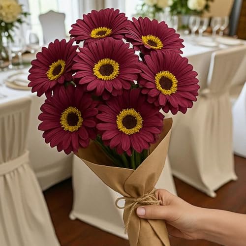 Image of Garden Art Artificial 5 Pcs Gerbera Flower Sticks, 33 cm, RealTouch Natural Looking | Silicone Decorative Bunch for Home GAAGFB-1H-33BR (Brown)