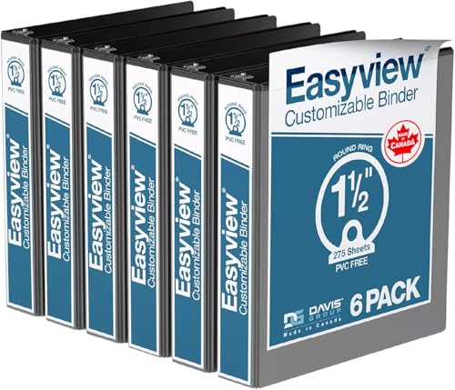 Image of Easyview 3-Ring Binder, Clear-View Cover, 1.5 inch Round Rings, Black, 6 Pack | Heavy-duty binder, fits 8.5 inch x 11 inch paper, customizable cover, made in Canada, ideal for school or office use