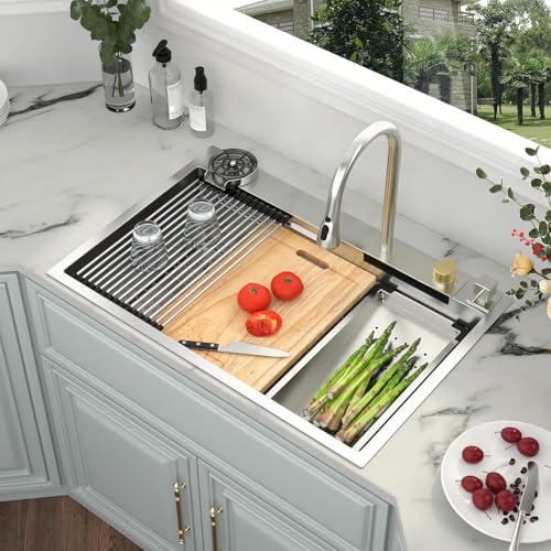Image of Kichae 33x19 Waterfall Kitchen Sink Drop In Stainless Steel 16 Gauge Smart