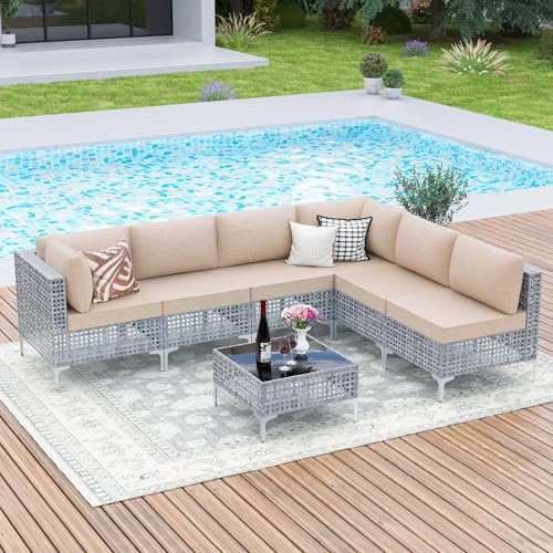Kullavik 7 Pieces Outdoor Patio Furniture Set,Morden Grey PE Rattan Outdoor Conversation Set Sectional Sofa with Thick Cushions and CoffeeTable,Sand