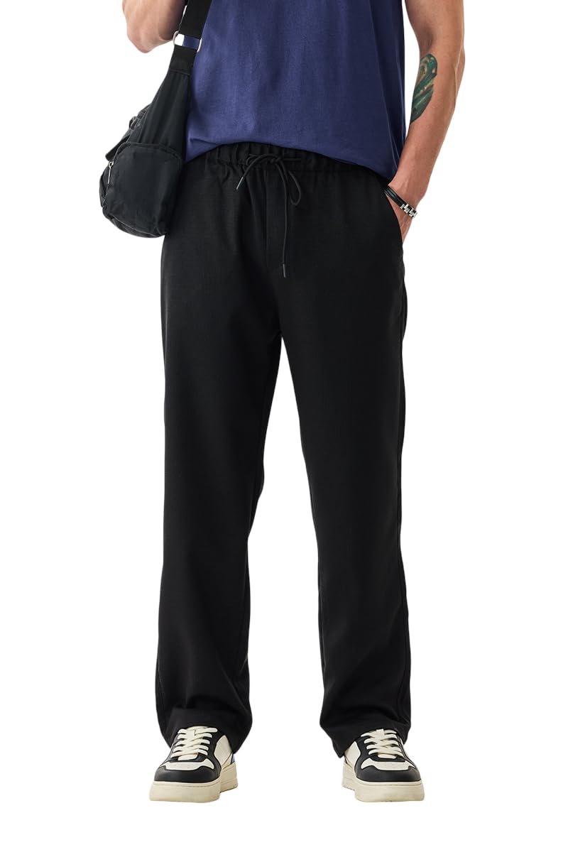 snitch Men Casual Trousers| Loose Fit Solid Straight Leg Style with Drawstring Waist | 100% Polyester Lightweight Breathable Pants for Summer & Everyday Outings-picture-43