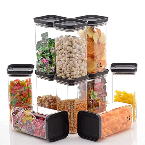 Image of 1100 ML Push Up Airtight Container Set of 6 | Transparent Square Plastic Storage Jars with Black Push-Up Lid | BPA-Free Kitchen Dabba for Snacks, Dry Fruits, Grains & Pantry Organization