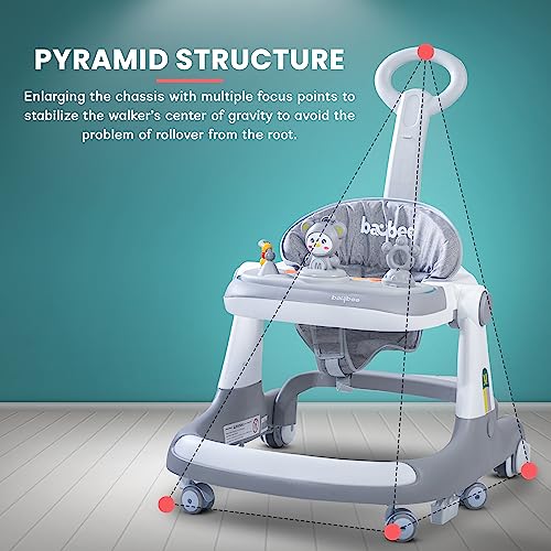 Image of Baybee Magnum 2 in 1 Baby Walker for Kids, Round Kids Push Walker with Parental Handle & Height Adjustable, Foldable Activity Walker for Baby with Musical Toy Bar for 6-18 Months Boys Girls (Grey)