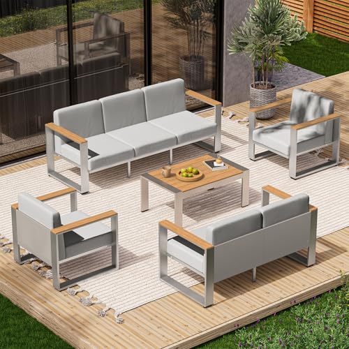 Image of Outdoor Patio Furniture Set, 7 Seats Outdoor Patio Conversation Sets with Ergonomic Seat and Wide Washable Thick Cushions, Modern Patio Sectional Furniture for Balcony, Porch(Teak-Gray