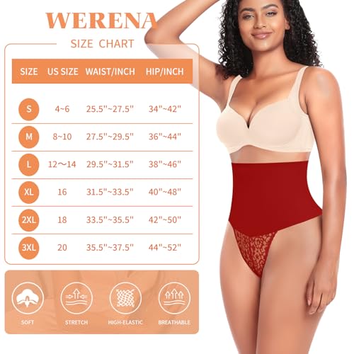 Image of Werena Tummy Control Thong Shapewear for Women Mid High Waisted Body Shaper Underwear Lace Shaping Thong Girdle Panties(#A1 Mid Rise Red,Small)