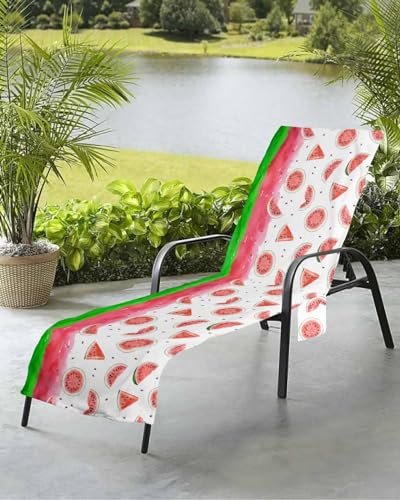 Summer Watermelon Beach Chair Towel Covers for Chaise Lounge with Side Pocket, Soft Plush Pool Towels Cover for Patio Sunbathing Outdoor 29''x85'' Red Pink Painting Modern White