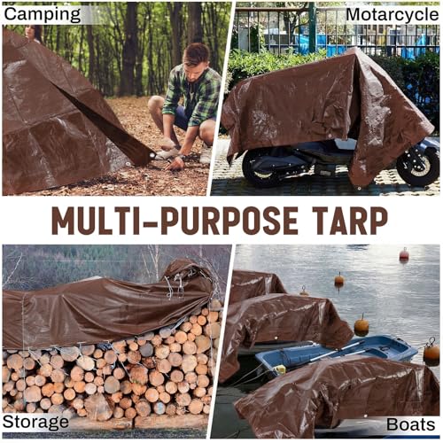 Image of 1 Pack 20 x 20 ft Brown Tarps Heavy Duty 5.5 Mil Waterproof Durable, Water Resistant, Rip & Tear Proof, Reinforced Edges, Multipurpose Firewood, Farm, Camping, Roof, Boat & Emergency Shelter
