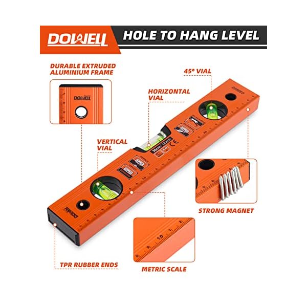 DOWELL Magnet Wasserwaage mit metrischer Skala 300mm/12 Zoll, 3 verschiedene Libellen - 45°/90°/180° – Bild 5