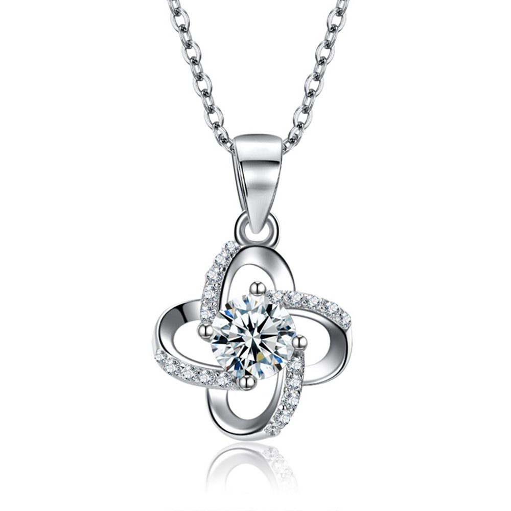 Kaletine Four-Leaf Clover Lucky Pendant Necklace Sterling Silver 925 Cubic Zirconia Choker 16in+2in Cable Chain