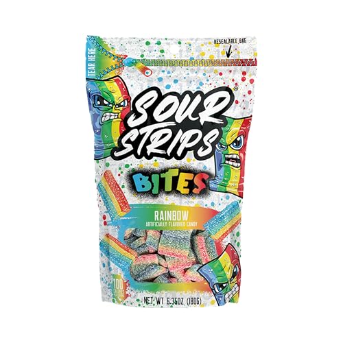 Image of SOUR STRIPS Bites Rainbow Flavored Chewy Candy Bag, 6.35 oz | Rainbow sour candy Bites in a resealable bag for parties, snacking and sharing.