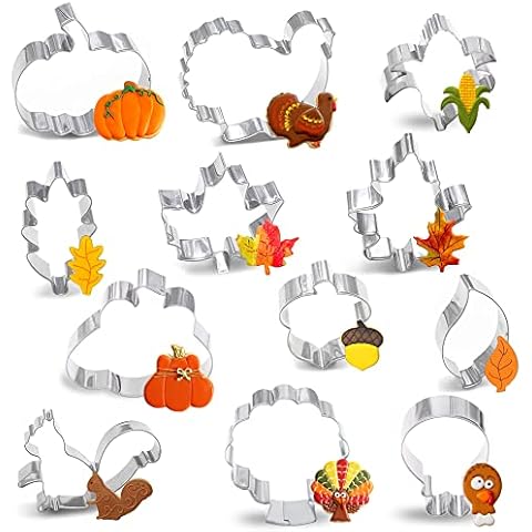 8PCS Large Fall Thanksgiving Cookie Cutter Set - Turkey, Pumpkin, Maple/Oak/Teardrop Leaf, Squirrel and Acorn Cover