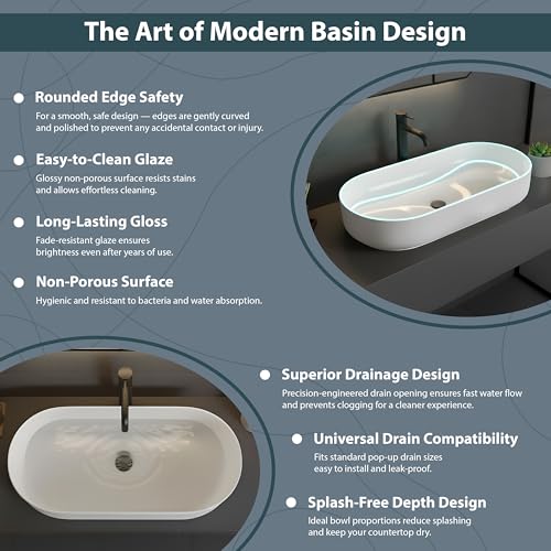 Image of WASSMIST Premium Wash Basin | Designer Ceramic Washbasin | Acid & Fade Resistant Table Top Bathroom Sink (27.56x13.19x5.31 Inch)