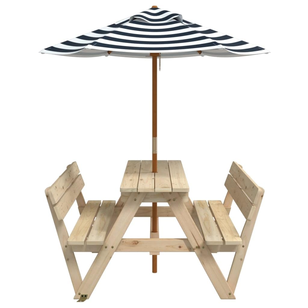 Tavolo da picnic per 4 bambini con ombrellone in legno di abete massiccio, tavolo da giardino per terrazza e balcone, tavolino stabile per mangiare, barbecue, feste e campeggio