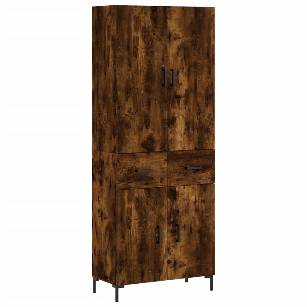 Générique Wysoki bufet wędzony dąb 69,5x34x180 cm, wąski mebel do salonu z drewna inżynieryjnego z drzwiami i metalowymi nogami, duża przestrzeń do przechowywania