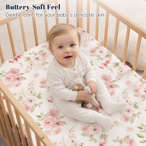 Image of PHF 3 Pack Soft Floral & Bow Crib Sheets Fitted, Comfy Breathable Baby Sheets for Boys Girls, 28x52 Inches Fits Standard Crib and Toddler Mattresses, Floral & Bow