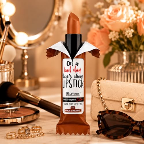 Image of Krayons Cute Pop Matte Lipstick for Women - Shade 111 Nude Caramel, India's 1st Twist-Wrap Lip Stick, Long Stay Waterproof Lipstic, Rich Pigmented Daily Wear Matt Lipsticks, 3.5g