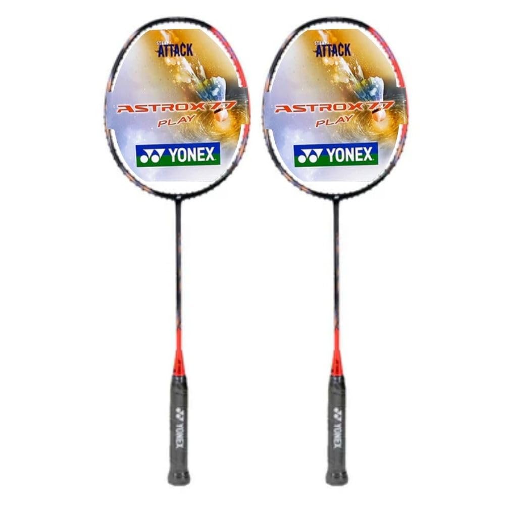 2X Yonex Astrox 77 Play Pre Strung Baminton Racquet, High Orange - Bundled with Yonex Aerosensa 30 Shuttlecock